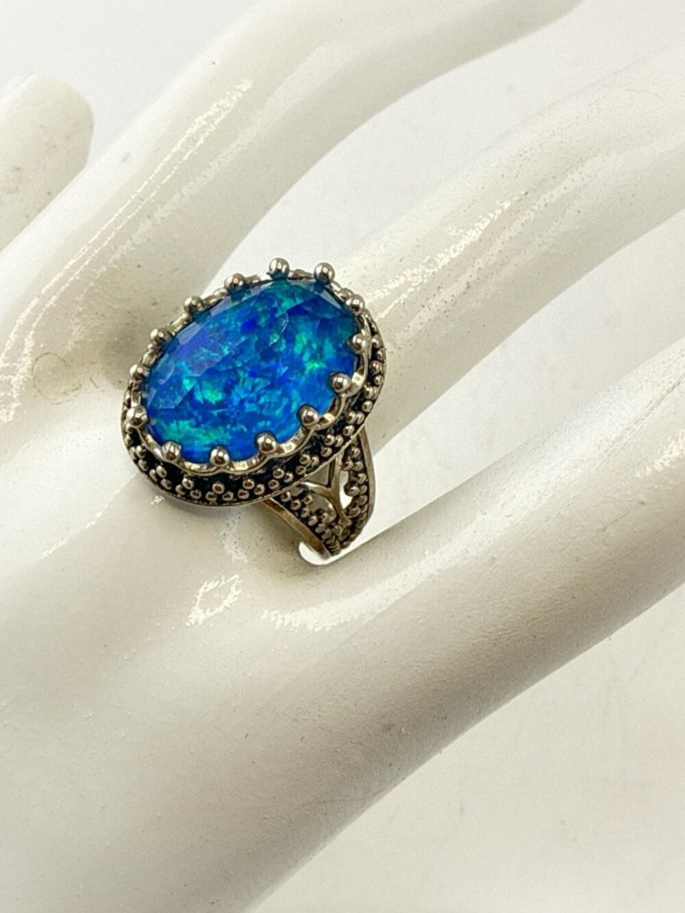 Sajen Ring Opal Doublet Sterling Silver Sz 8 Iridescent Oval Ornate 925 Mystical